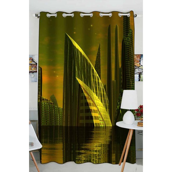 YUSDECOR Modern Alien City Computer Artwork Practical heat insulation Shading Window Curtain Size 52(W) x 84(H) inches(One Piece)