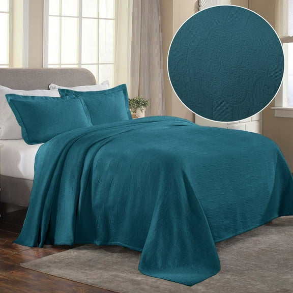 Superior 3-Piece Florin Cotton Matelasse Deep Sea Bedspread Set, Full