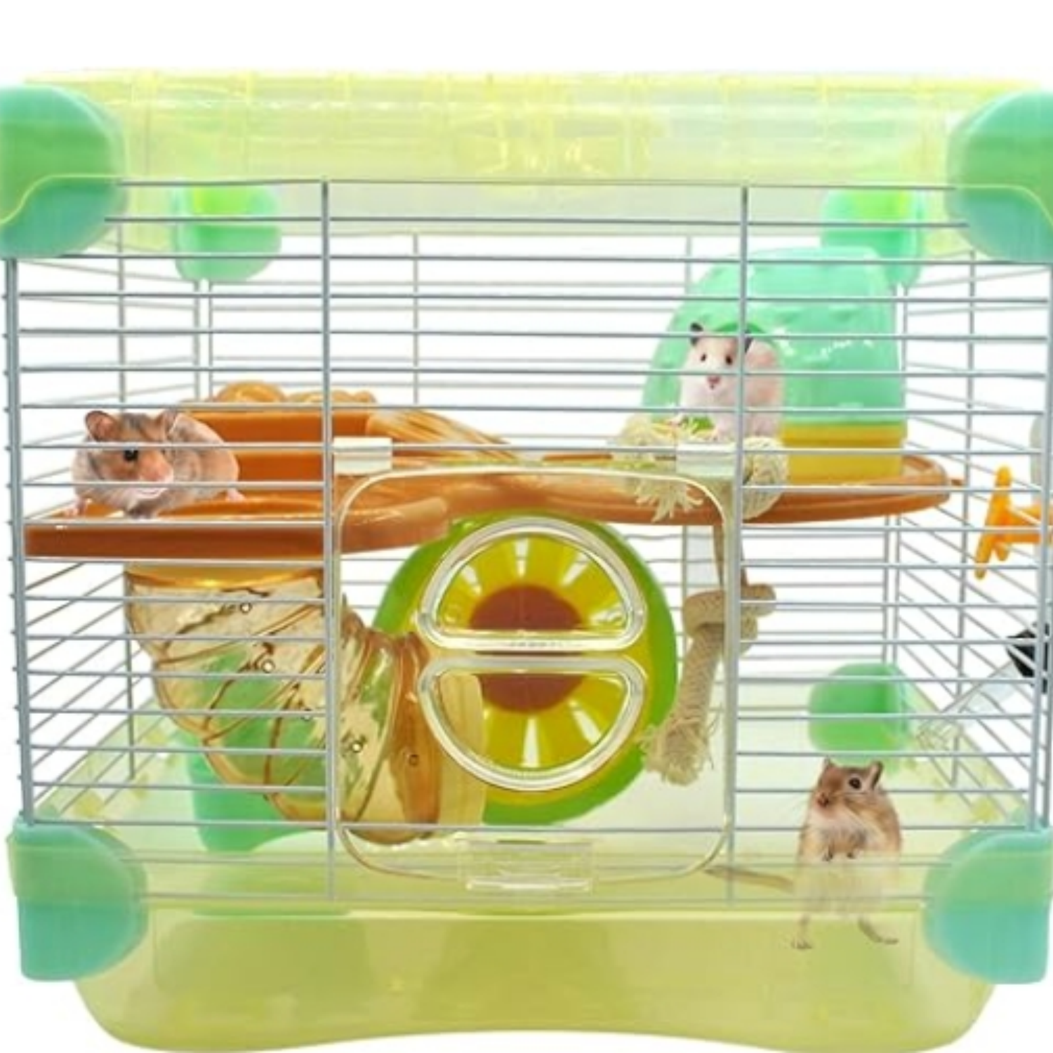 2 Layers Hamster Cage with Tubes Mouse Cage with Accessories Water Bottle Food Dish Transparent Hamster Habitat with Exercise Wheel for Hamster Guinea Pig Gerbil (10.9" x 8.1" x 9.8" Yellow)