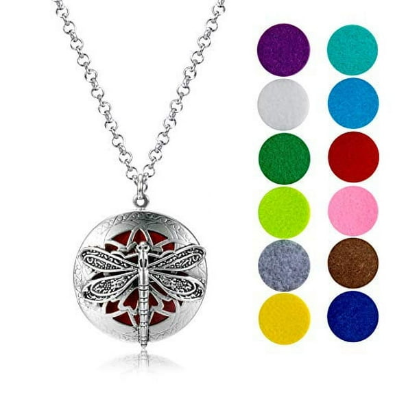 Wild Essentials Dragonfly Essential Oil Diffuser Necklace Gift Set - Includes Aromatherapy Pendant, 24" Stainless Steel Chain, 12 Color Refill Pads