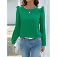 thumbnail image 5 of Women'S Ruffle Shoulder Long Sleeve Blouses Crew Neck Light-Weight 2025 Fall Ribbed Knit Pullover Tops Green L, 5 of 9
