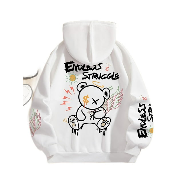 Sudadera con estampado de oso de Graffiti para mujer, Jersey holgado de cuello redondo, Tops cálidos de lana, ropa de calle