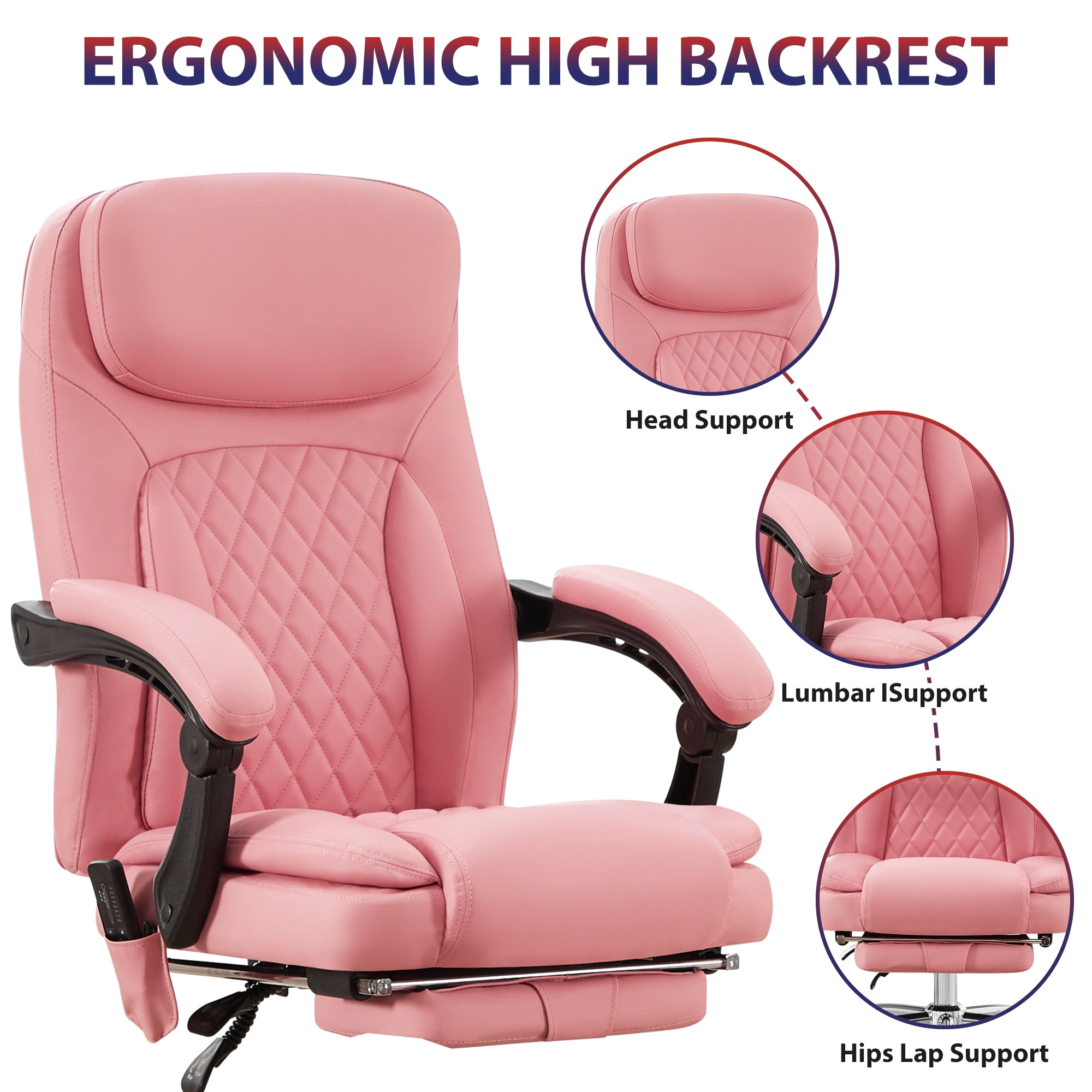 JONPONY Big and Tall Office Chair 500LBS Executive Office Chair Massage and Footrest Ergonomic Computer Desk Chair Reclining High Back Leather Office Chair Lumbar Back Support Swivel Rolling,Pink