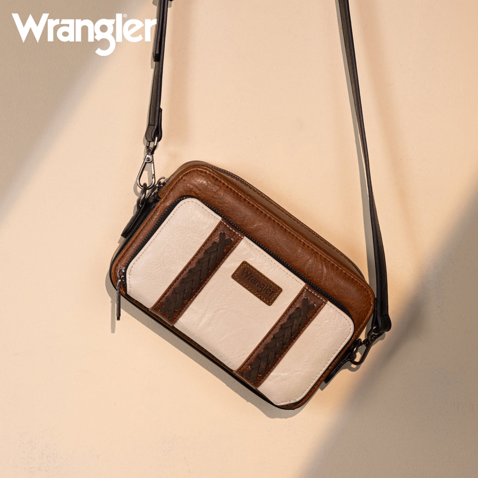 Wrangler Crossbody Bag for Women Vegan Leather Western Shoulder Purse Small Multi Pocket Crossbody Wallet Purse Crossover Bags with Adjustable Strap, Brown-Tan