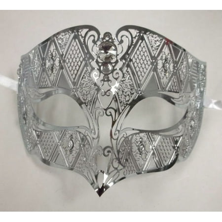 Silver Male Diamond Crystal Laser Venetian Masquerade Metal Filigree Mask Men