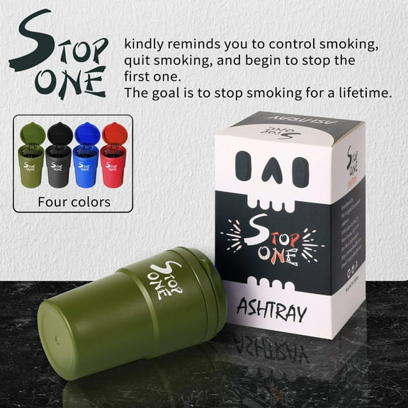 STOP ONE Car Ashtray, Portable Ashtray, CA-101 Large Auto Ash Tray with Lid and Led, Green
