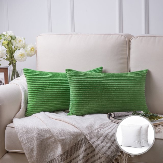 Soft Corduroy Striped Velvet Rectangle Decorative Throw Pillow Cusion For Couch, 12" x 20", Green, 2 Pack