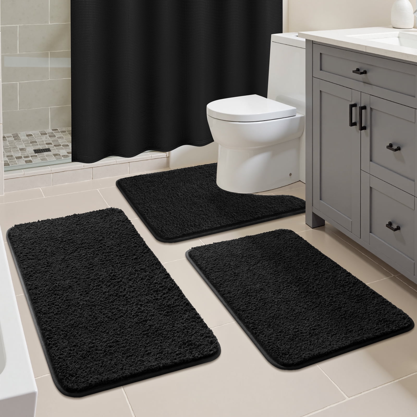 ‌Ileading 16-Piece Shower Curtain Set with Rugs, Waterproof Waffle Shower Curtain & Soft Non-Slip Bath Rugs with 12 Hooks, Black Bathroom Sets
