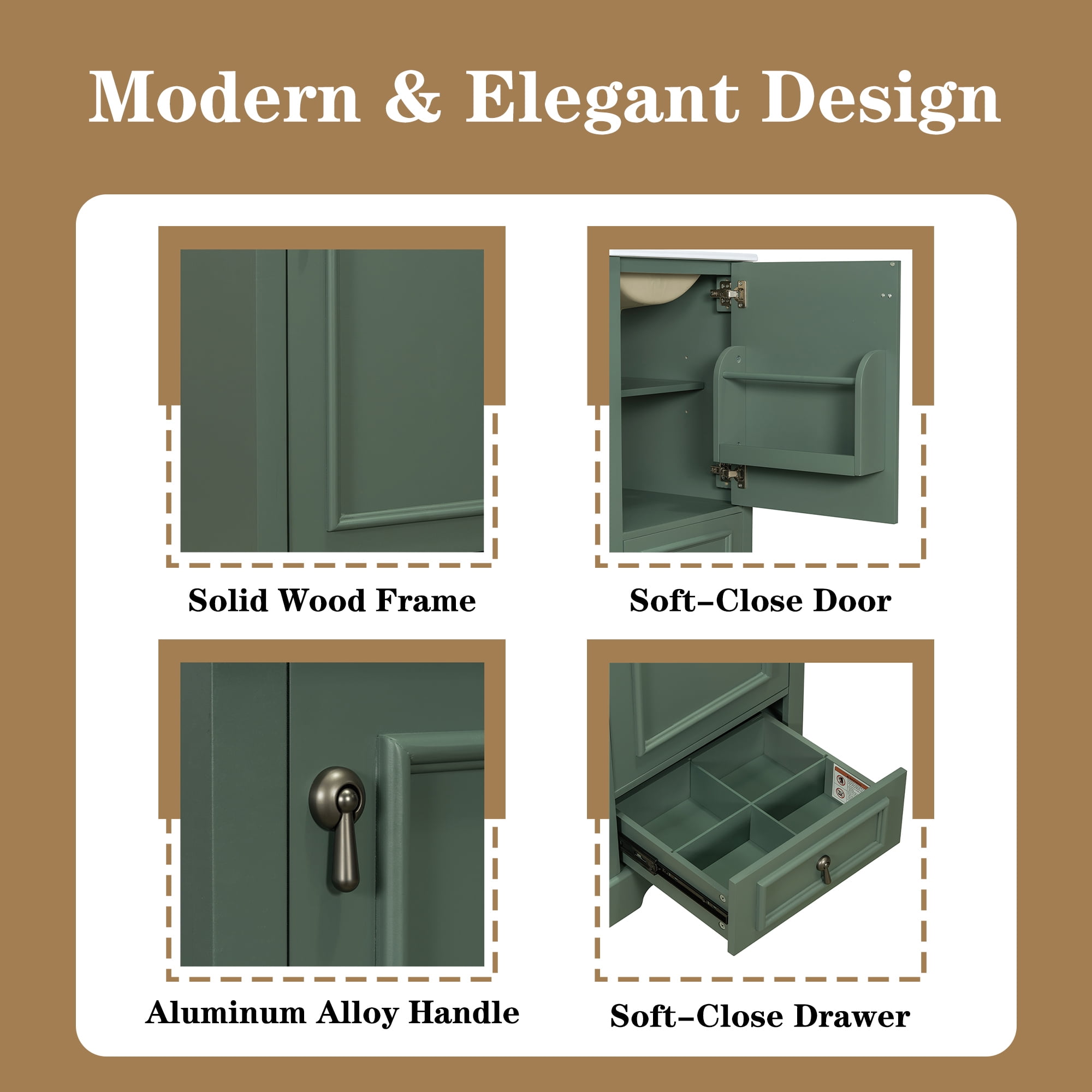 MODERNLUXE 20" Bathroom Vanity with Ceramic Sink Combo,Solid Wood Bathroom Storage Cabinet with Compartment Drawer and Adjustable U-Shaped Shelf, Soft-Close Door with Organizer for Small Space,Green