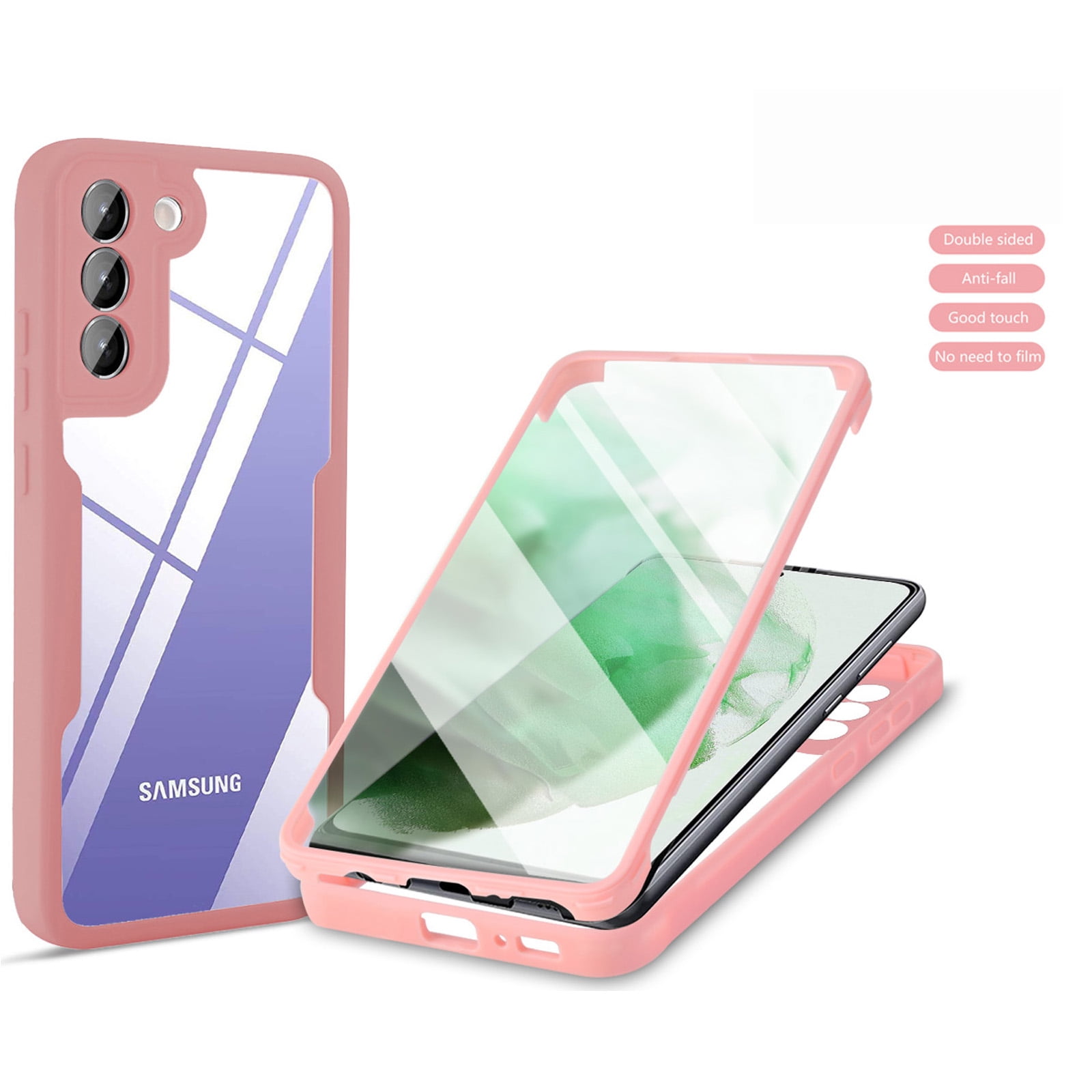 Compatible with Samsung S22 Plus Case Clear with Built-in Screen Protector Camera Lens Protection,Transparent Rugged TPU Silicone Full Body Phone Case for Samsung Galaxy S22 Plus , Pink
