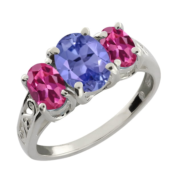 2.55 Ct Oval Blue Tanzanite and Pink Tourmaline Sterling Silver Ring by