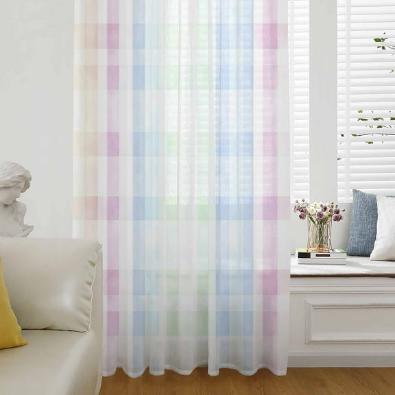 Blue Pink Plaid Semi Sheer Curtains Drapes for Living Room, Bedroom, French Doors Window 45 Inches Long, Pastel Green White Buffalo Patchwork Rod Pocket Chiffon Curtain Drapery Voile Draperies Panel