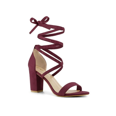 BLISSFUL STEP Women s Shoes Lace Up Chunky Heels Open Toe Faux Suede Sandals Burgundy 8