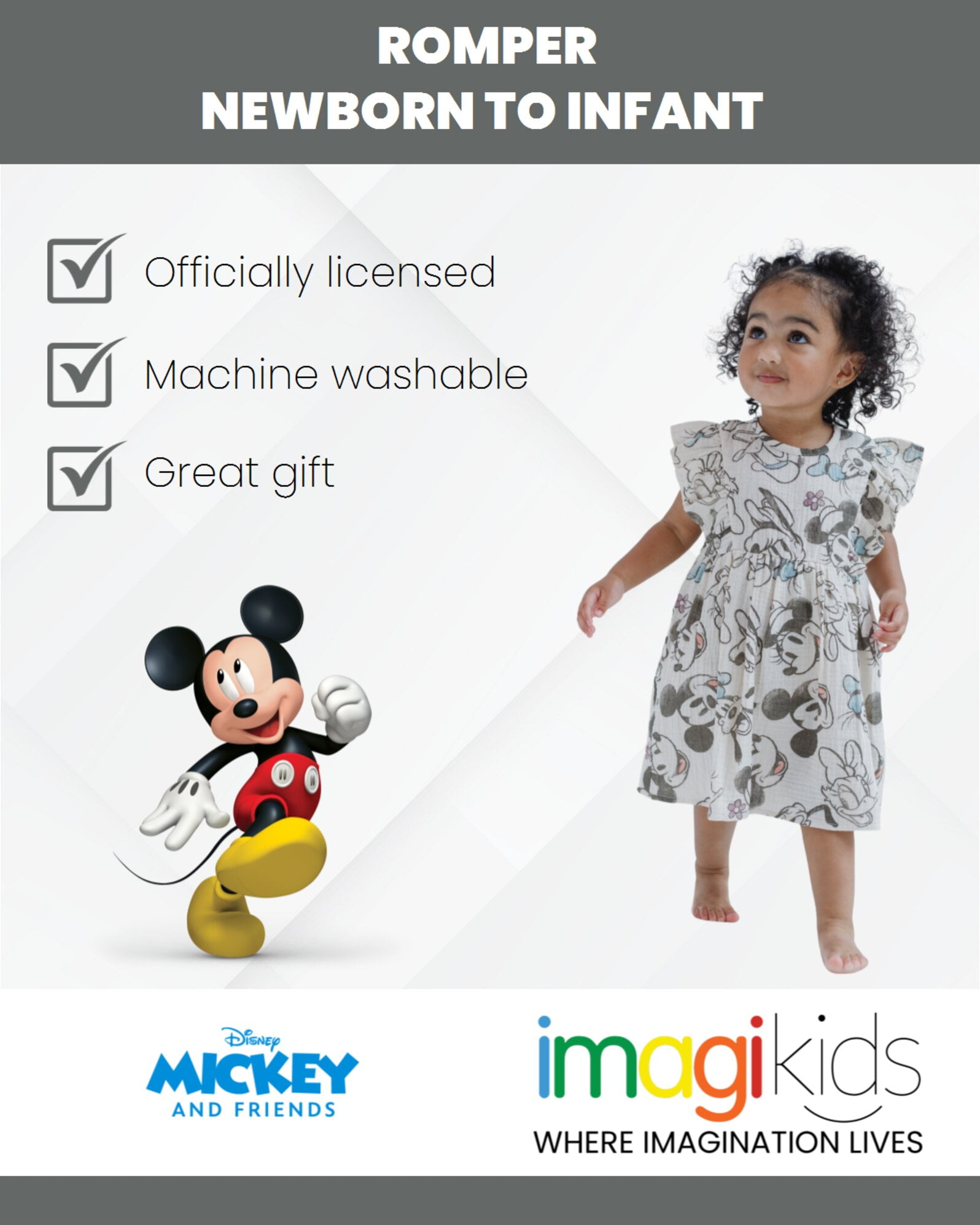 Disney Mickey Mouse Goofy Donald Duck Newborn Baby Girls Romper Gray 0-3 Months