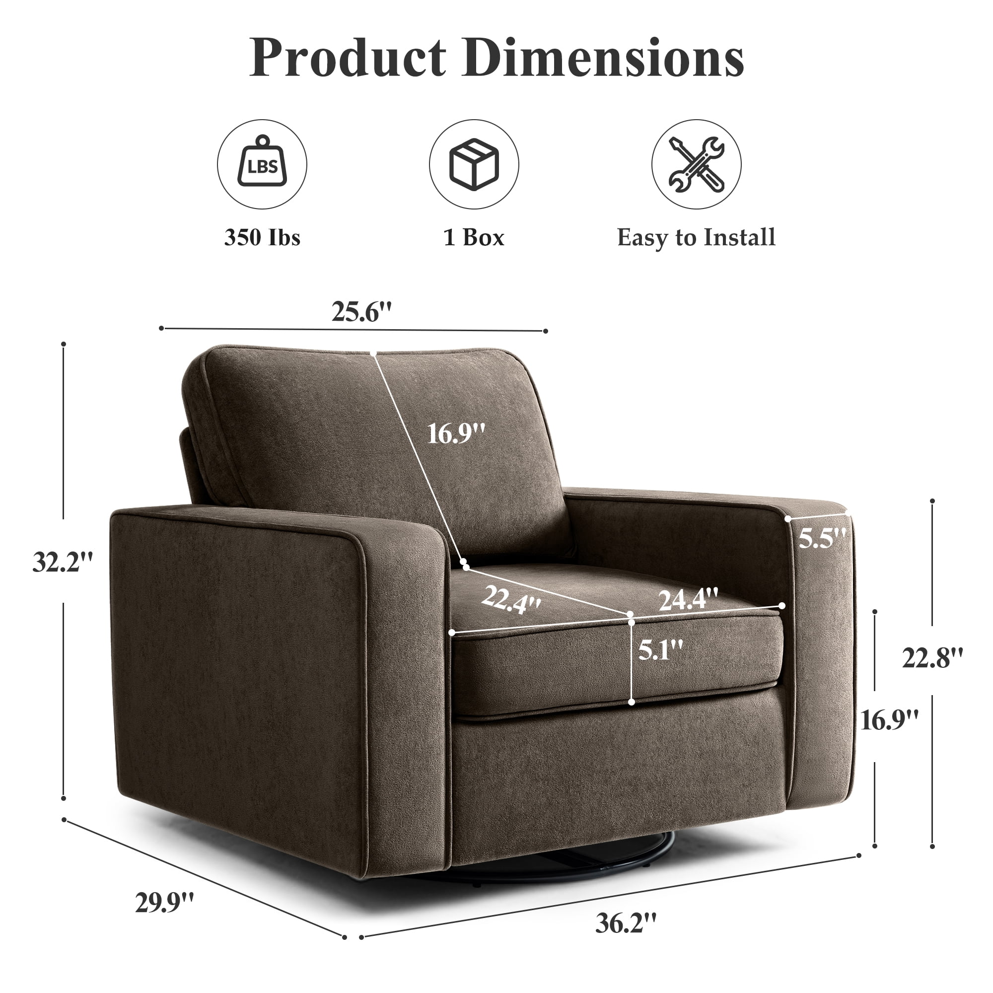 COOLHUT 360° Swivel Accent Chair Set of 1, 36.2" Wide Accent Chair Armchair, Comfy Upholstered Single Sofa Chair for Living Room and Bedroom, Coffee