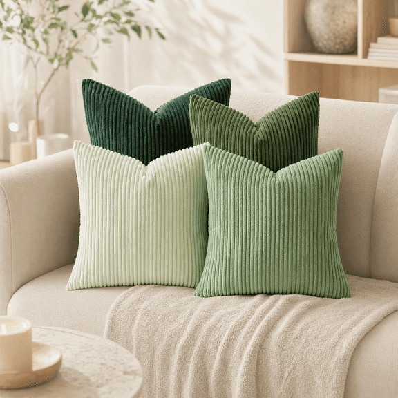 Throw Pillow Covers 18×18 4 Pack Striped Corduroy Decorative for Couch Living Room Bed Green Set