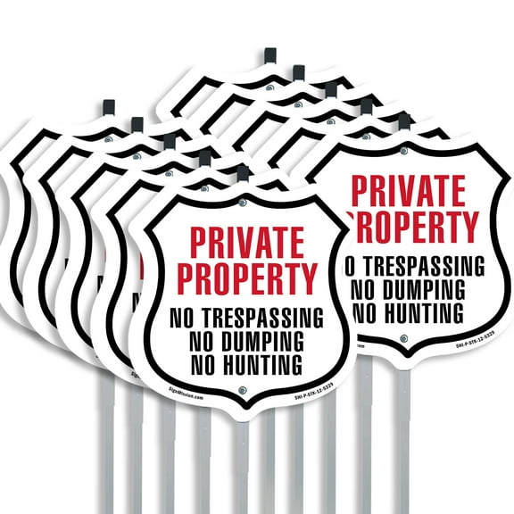 Private Property No Trespassing No Dumping No Hunting (10 Pack) 12 inch X 12 inch Shield Shaped Commercial Grade Plastic Signs with Aluminum Mounting Stakes Weather Resistant Made in