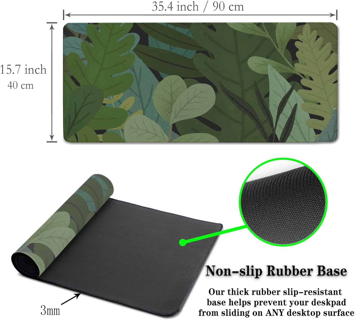 Full Desk Mat Green Gaming Mousepad XXL, Large Desk Pad for Keyboard and Mouse, Neutral Mouse Pad Waterproof Non-Slip Rubber Base, 35.4" X 15.7" for Work/Game/Office/Home Monstera Leaves Anime