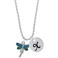 thumbnail image 1 of Delight Jewelry Silvertone Dragonfly with Green & Blue Wings Silvertone Script Initial Disc - X - Charm Necklace, 20"+3", 1 of 1