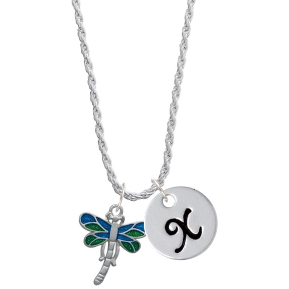 Delight Jewelry Silvertone Dragonfly with Green & Blue Wings Silvertone Script Initial Disc - X - Charm Necklace, 20"+3"