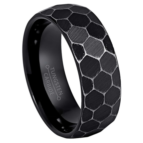 Hammered Black IP 8mm Antiqued Faceted Wedding Band Comfort Fit - Mens Tungsten Carbide Ring - #1144s10
