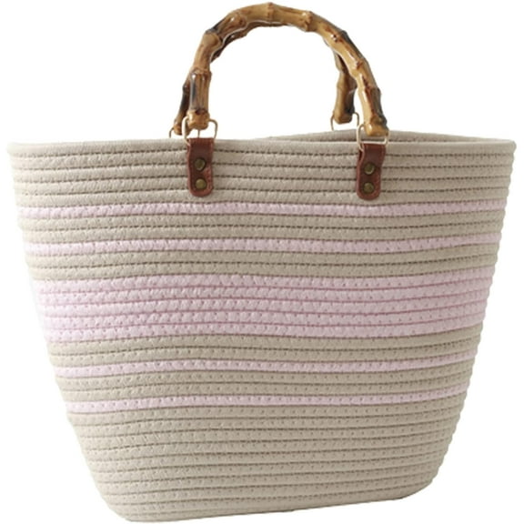 Kukuzhu Straw Beach Bag, Straw Tote Bag for Women with Bamboo Handles Summer Vacation Woven Beach Bag Shoulder Handbag
