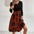 thumbnail image 2 of IROINNID Long Sleeve Dress for Women Mid-Length A-Line Dress Round-Neck Print Patchwork Knee-Length Dress,Burgundy, 2 of 8