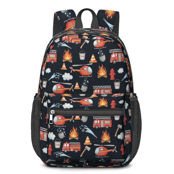Fireman and Helicopter Black Pattern 17" Waterproof Oxford School Backpacks for Teens, S-Shape Padded Straps, for School, Travel, Hiking, Camping