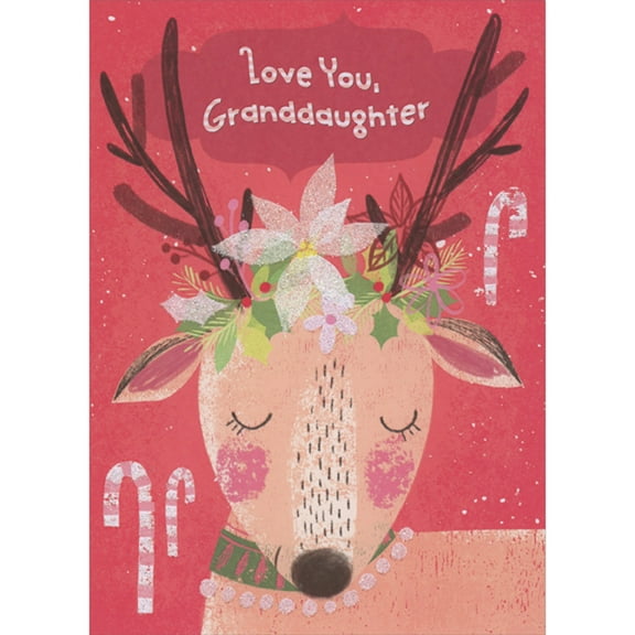 Designer Greetings Closeup of Reindeer with Closed Eyes and Sparkling White Floral Crown Juvenile Christmas Card with Stickers for Granddaughter
