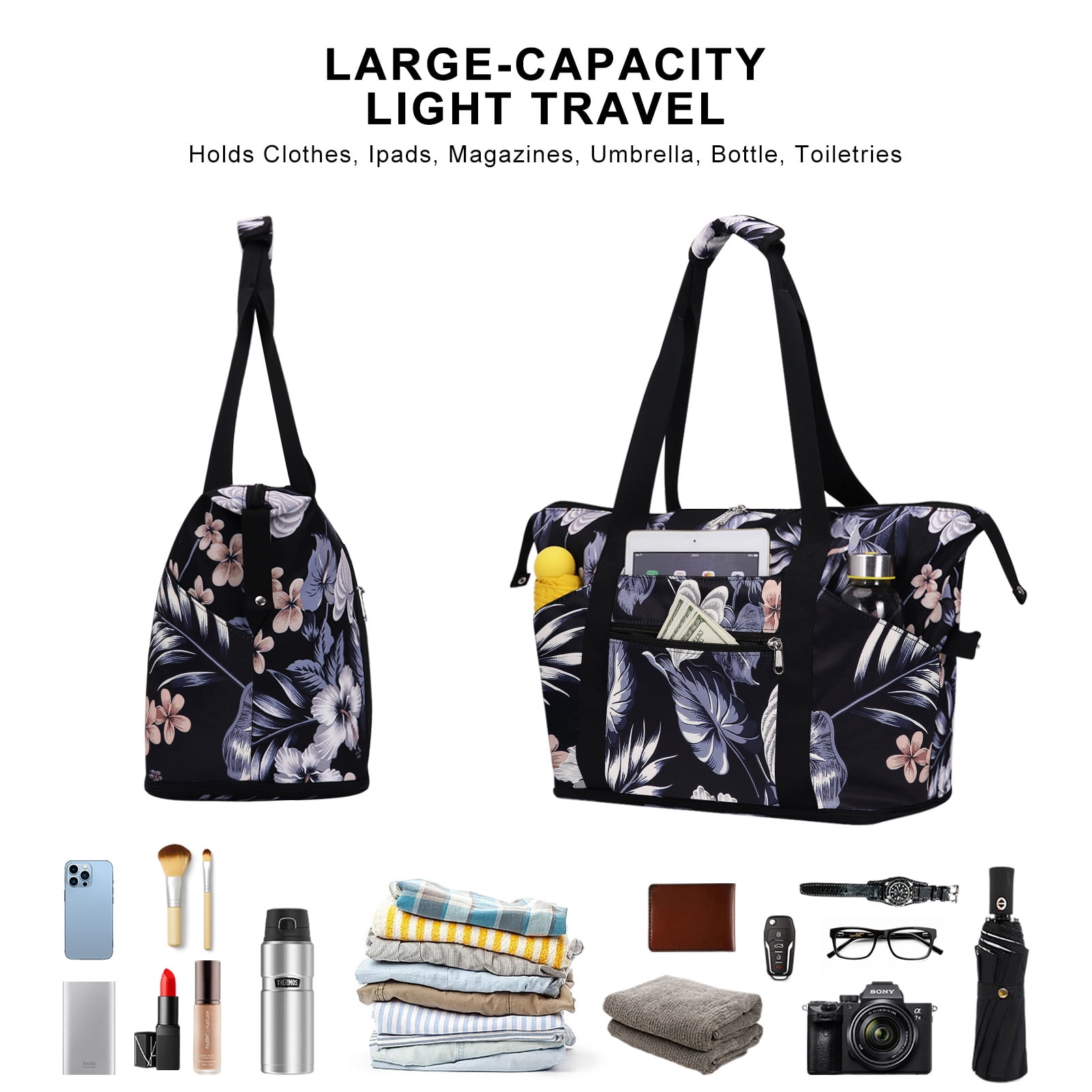 HAWEE Expandable Duffel Bag for Women with Trolley Sleeve and Wet Pocket Water Repellent Weekender Travel Tote Large Capacity Carry On Overnight Luggage for Gym/ Trip/ Camping/ Beach, Hibiscus