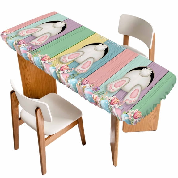 Easter Bunny Table Cloths for 8 Foot Rectangle Tables, Cute Rabbit Eggs Flowers Colorful Wood Plank Patio Waterproof Elastic Fitted Tablecloths, Washable Rectangular Table Cover for Camping