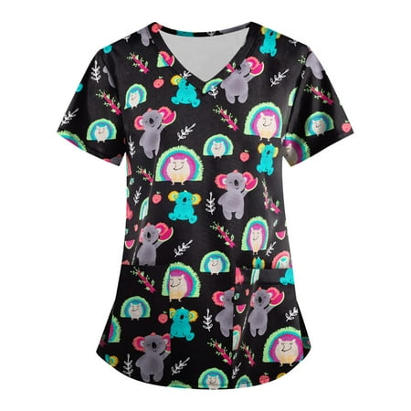 

Knosfe Women s Scrubs with Two Pockets Nurse Uniforms Women Cartoon Pattern Short Sleeve V Neck Maternity Scrub Top Casual Summer Blouses Shirts Black 4XL