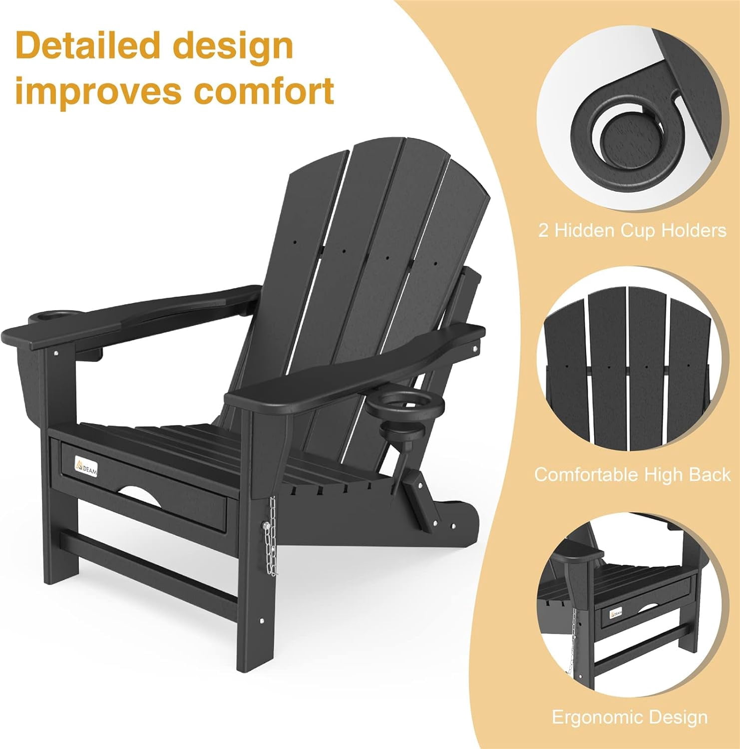 Erinnyees Folding Adirondack Chair with Retractable Ottoman, HDPE All-Weather Fire Pit Chair with 2 Cup Holders, Outdoor Chair for Deck Patio Garden Backyard Lawn