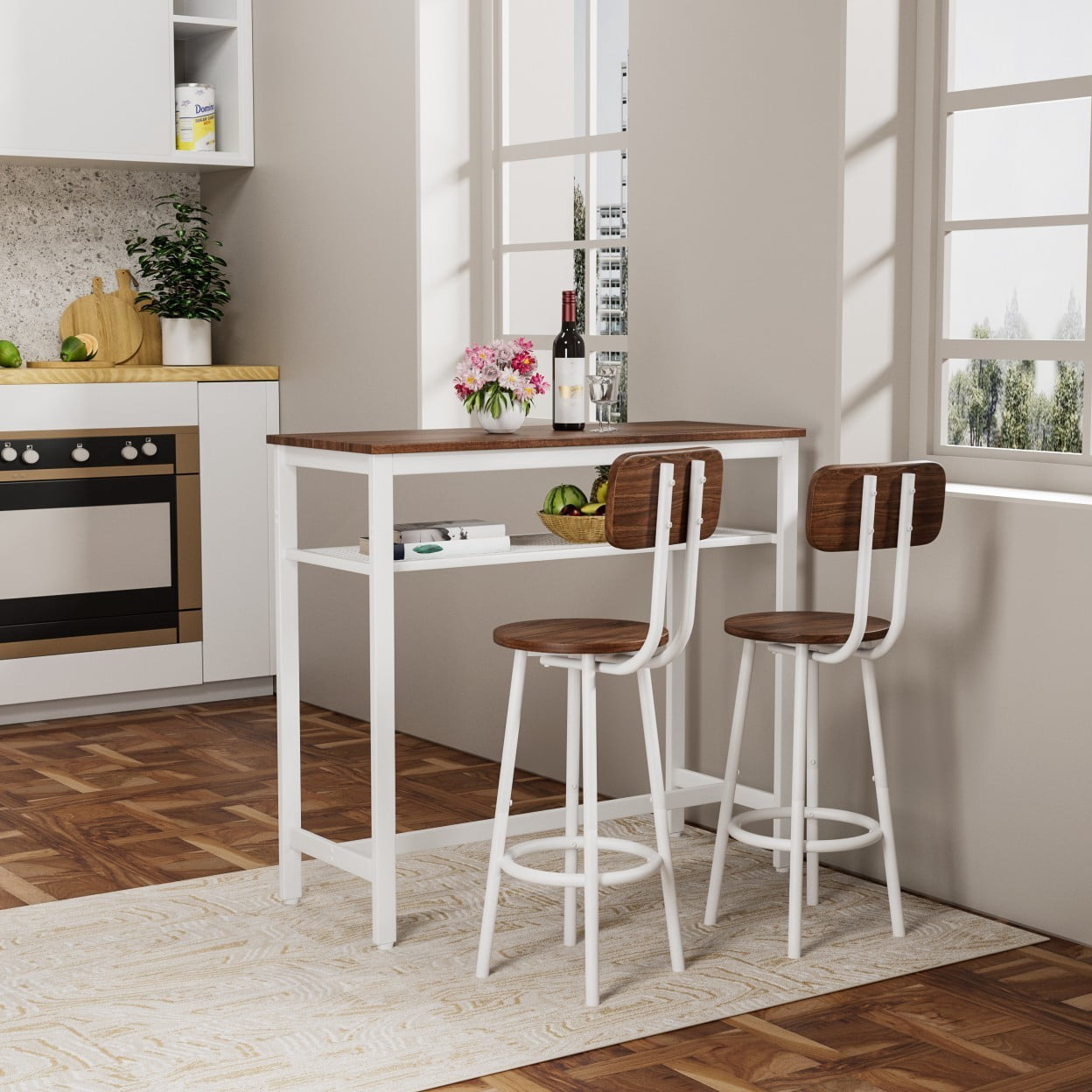 3 Piece Bar Table Set with 2 Stools, 39.4" Counter Height Dining Table with Backrest Chairs, Industrial Pub Table Set for Kitchen, Apartment, Restaurant, Brown+White