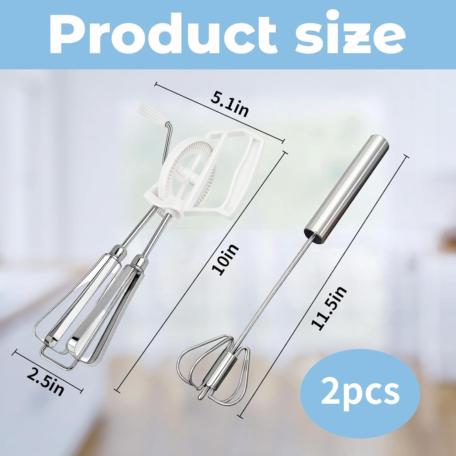 FRKSMD-2 White Bagged Egg Beaters + 1 Large Semi-Automatic Stainless Steel Mixer, Durable Kitchen Tools for Baking and Cooking,Egg Beaters Hand Crank, Manual Hand Mixer Set