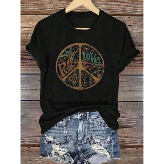 【New Arrival】Vintage Peace Love Paisley Peace Sign Retro Graphic T-Shirt, Unisex Cotton Crew Neck Hippie Boho Casual Tee, Positive Peace Lover Novelty Gift