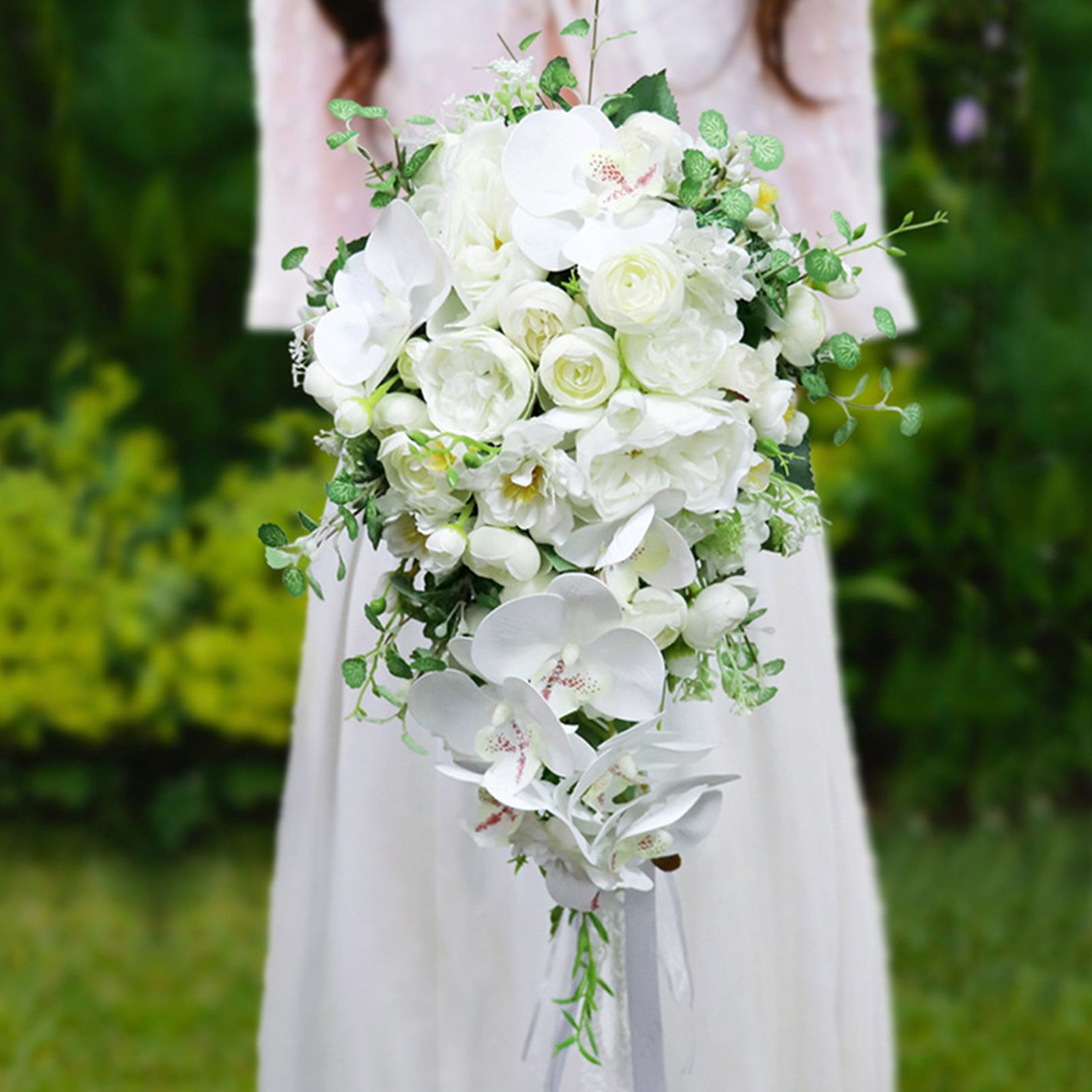 HESITONE Wedding Cascading Bridal Bouquet Artificial for Butterfly Orchid Water Drop Style Waterfalls Bridesmaid Holding Flower D