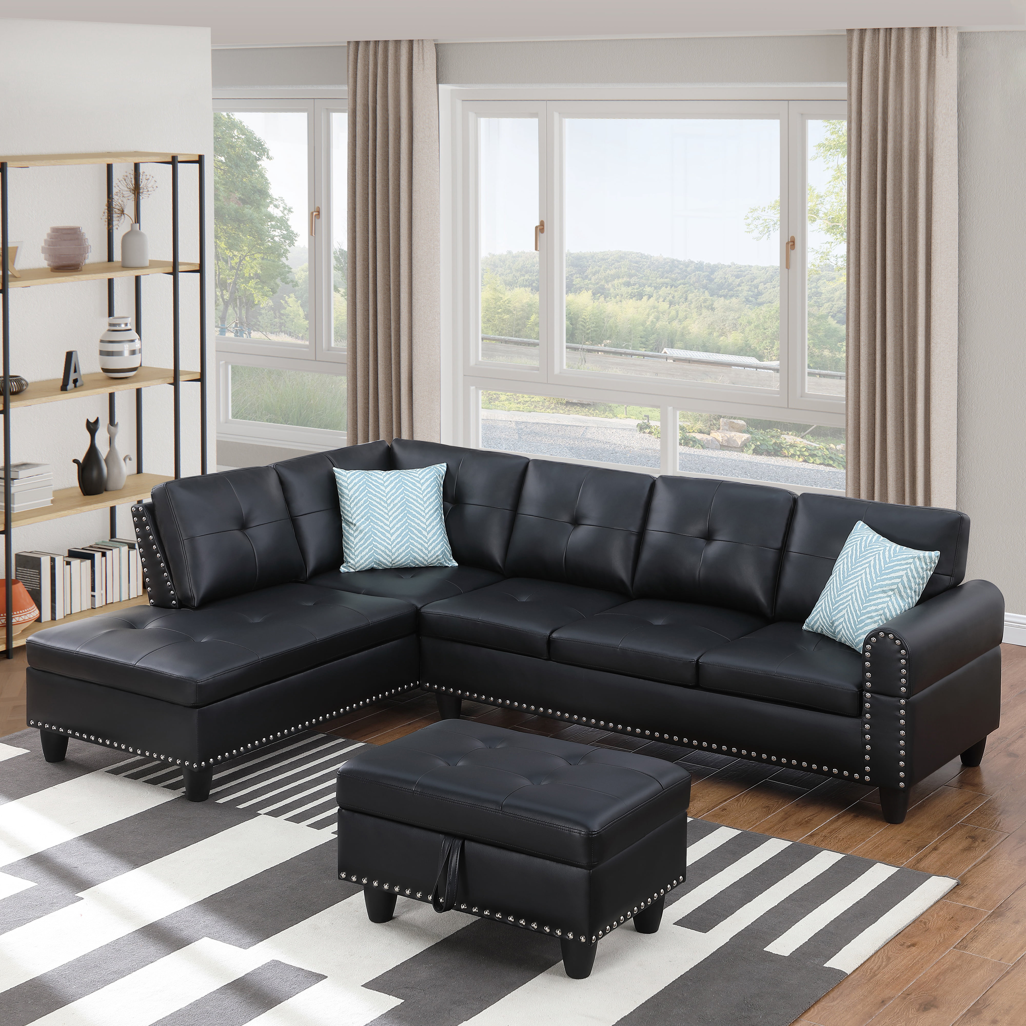 Gewnee 3-Piece L-Shaped Sectional Sofa with Chaise, Storage Ottoman, Cup Holders, 4-Seat, Faux Leather,Black