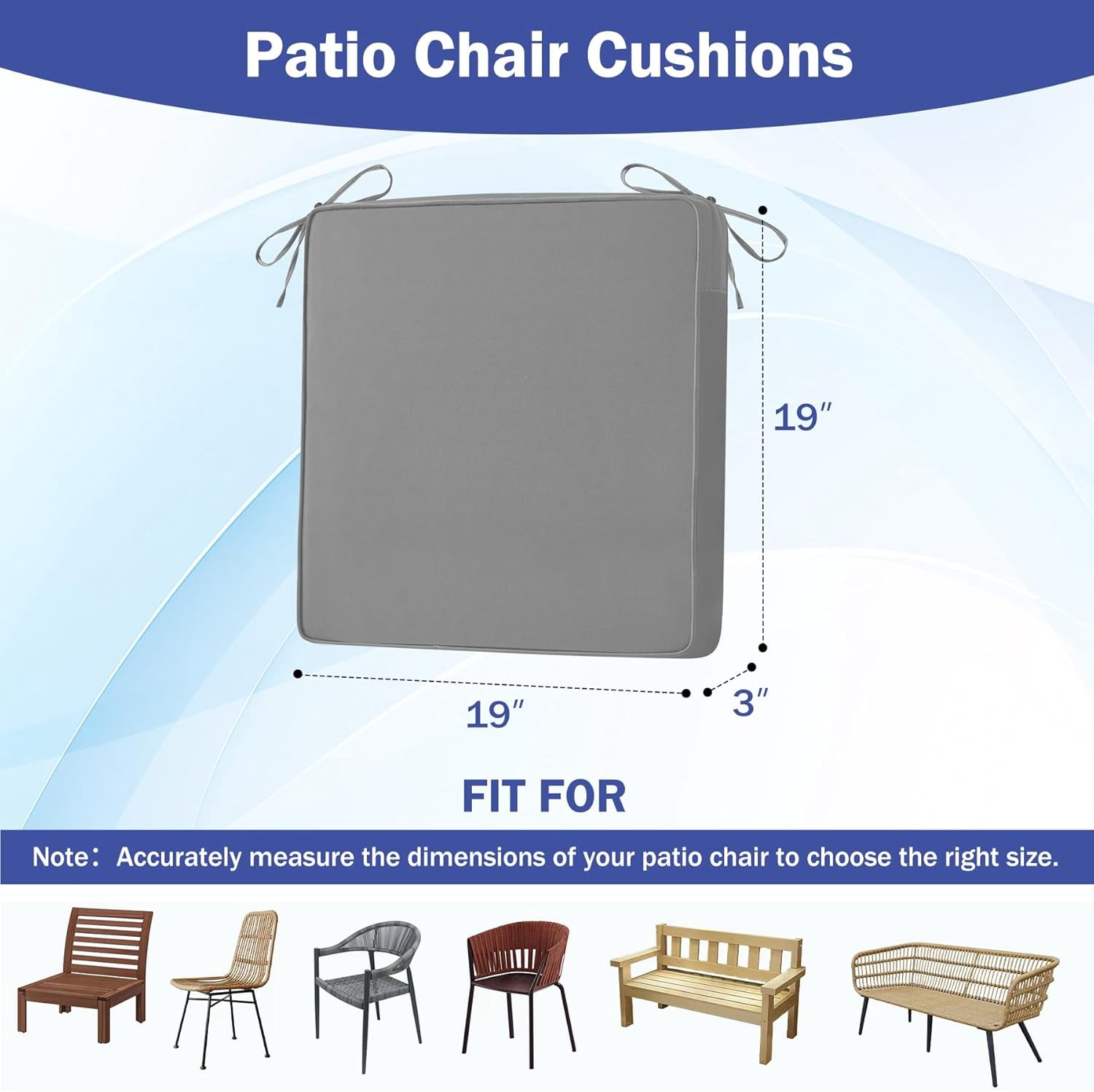 Patio Chair Cushions Set of 4, 19" x 19" x 3", Waterproof, Light Grey, with Handles and Ties