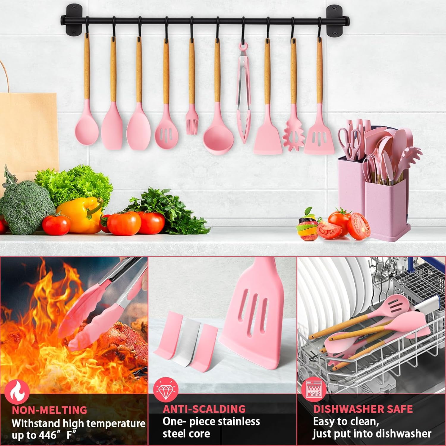 Cooking Utensils Set, 19 PCS Silicone Kitchen Utensils Set with Holder and Kitchen Knife Set for Cooking, Non-stick Heat Resistan Kitchen Tools and Gadgets with Wooden Handle