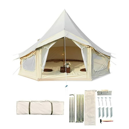 DSstyles Canvas Bell Tent 4 Seasons Yurt Tent with 2 Stove Jack 4 Mesh Zippers Windows 3 Size Breathable Waterproof Tent Suitable for 4-12 People Family Camping Outdoor Party