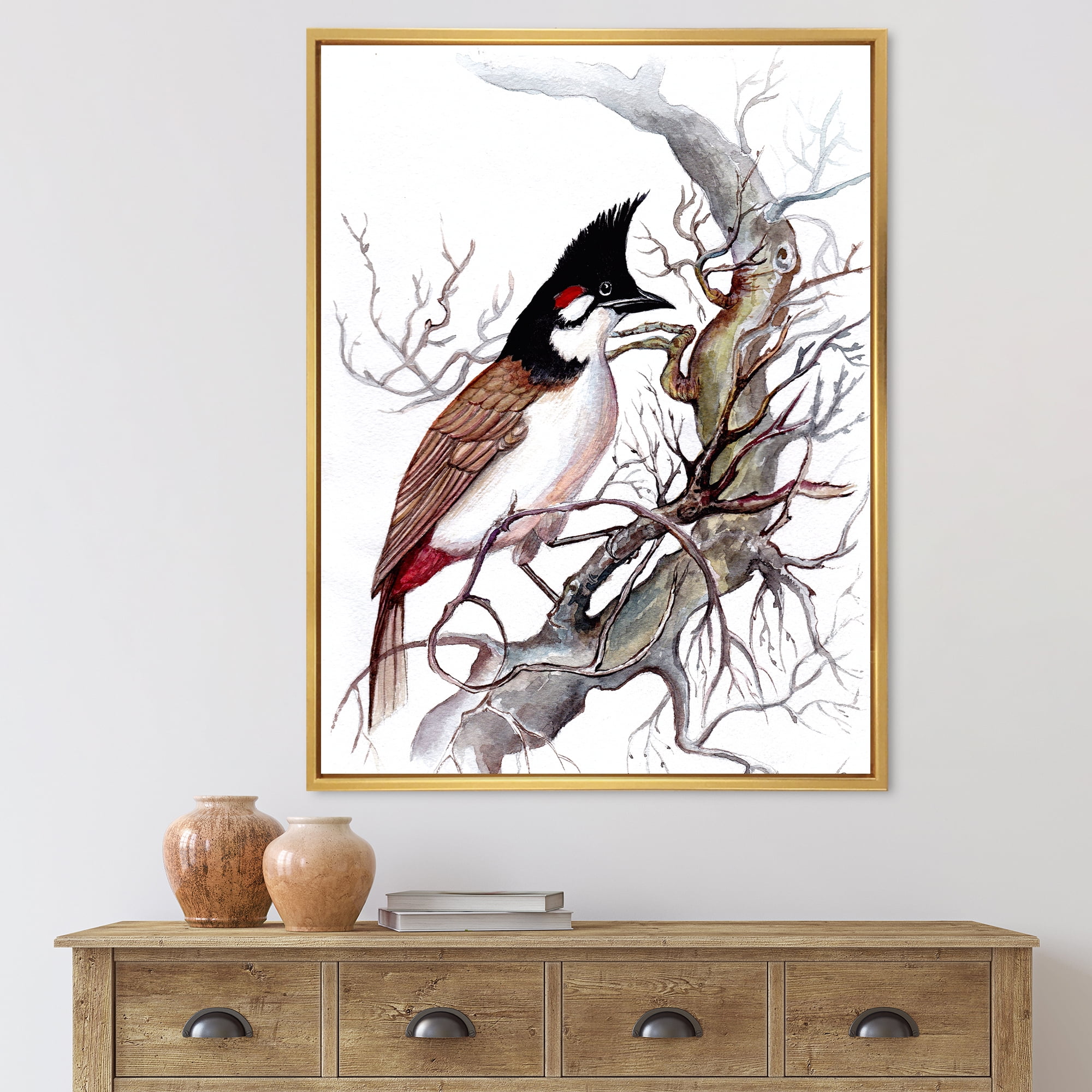 Designart 'Ancient Beautiful Bird On A Branch' Traditional Framed Canvas Wall Art Print