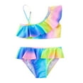 thumbnail image 1 of Hiiyo Toddler Girl's Swimsuit Rainbow Striped Ruffle Bikini Set One Shoulder Bathing Suit, 1 of 8