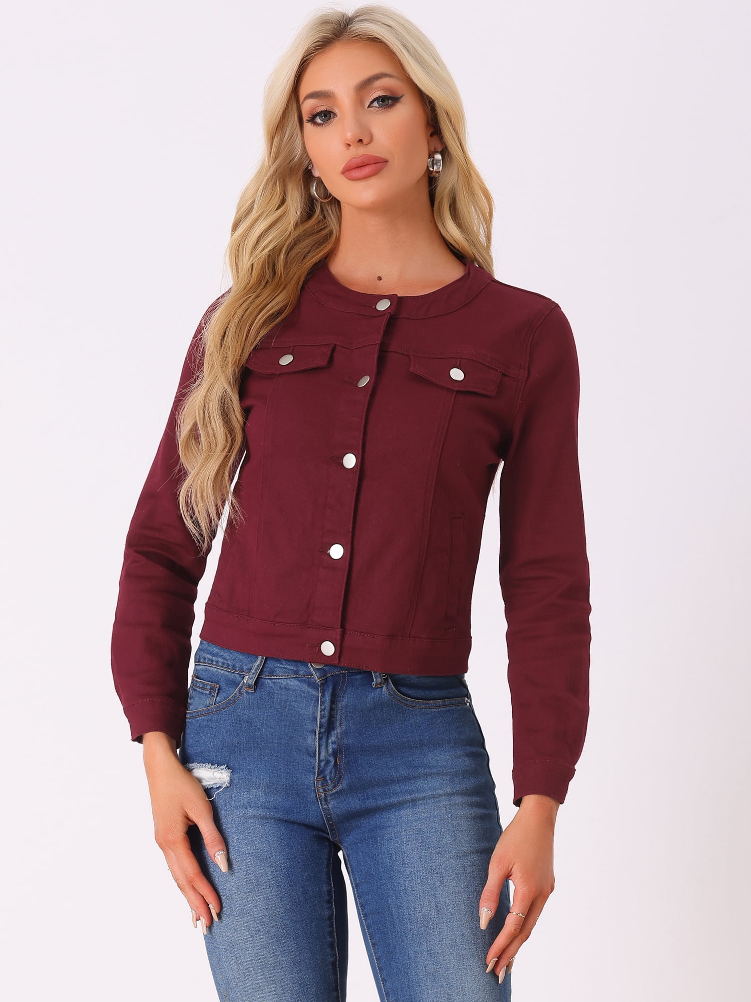 DARING DIVA Women's Button Down Collarless Cropped Denim Jacket L Dark Red