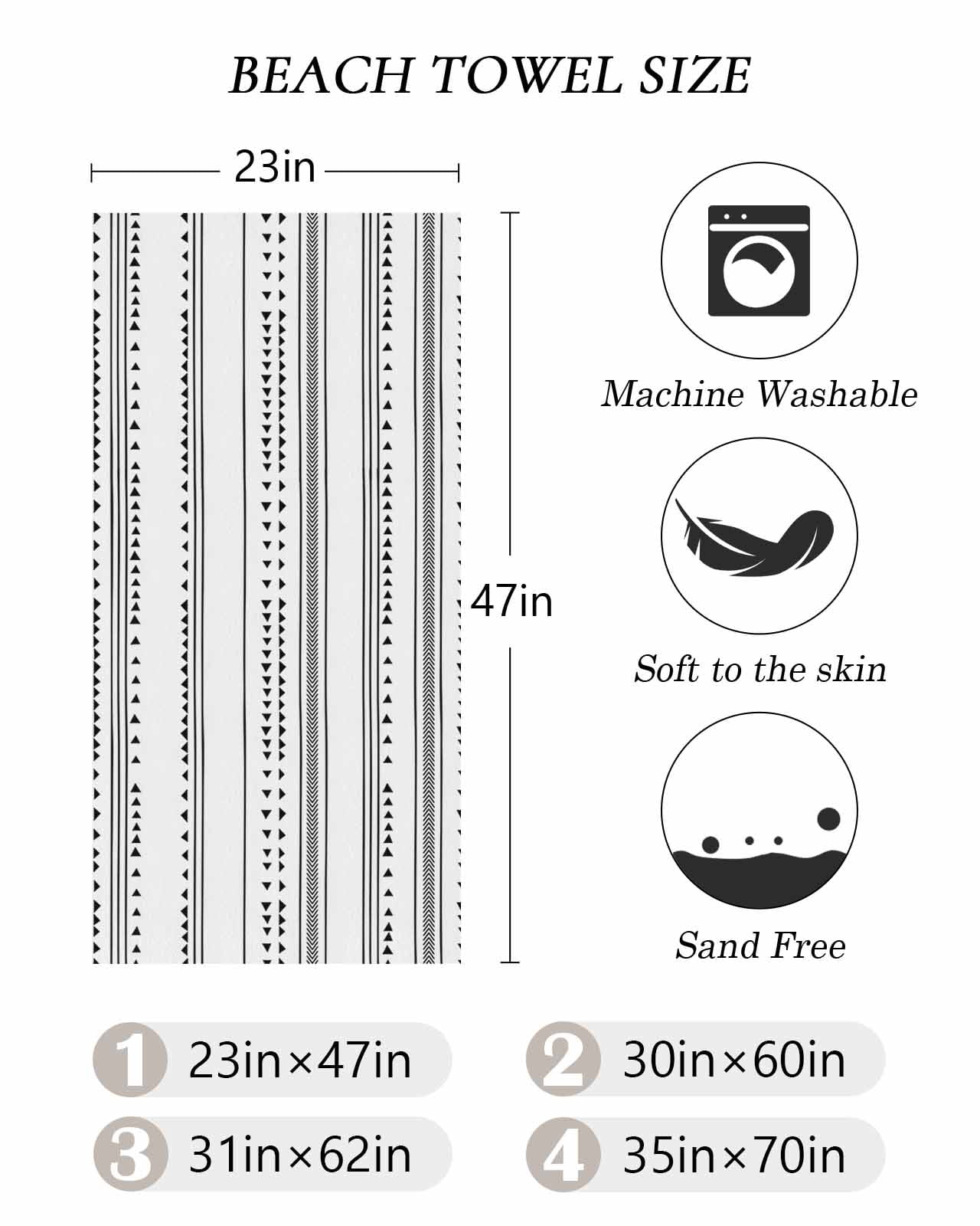 Boho Black White Modern Stripes Beach Towels Oversized Super Absorbent, Farmhouse Abstract Art Lightweight Bath Towel Quick Dry Sets For Bathroom/Pool/Rv Camping/Beach Play/Gym Room/Picnic 35"x70"
