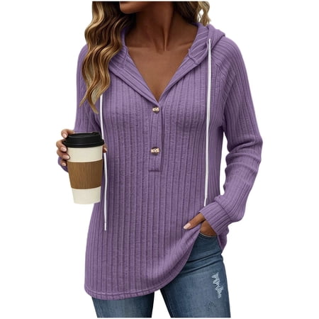 Women s Ribbed Knit Hooded Henley Top with Button Front and Drawstrings Long Sleeve Casual Pullover Blouse Solid Color Loose Tunic Shirt for Fall and Winter Layering