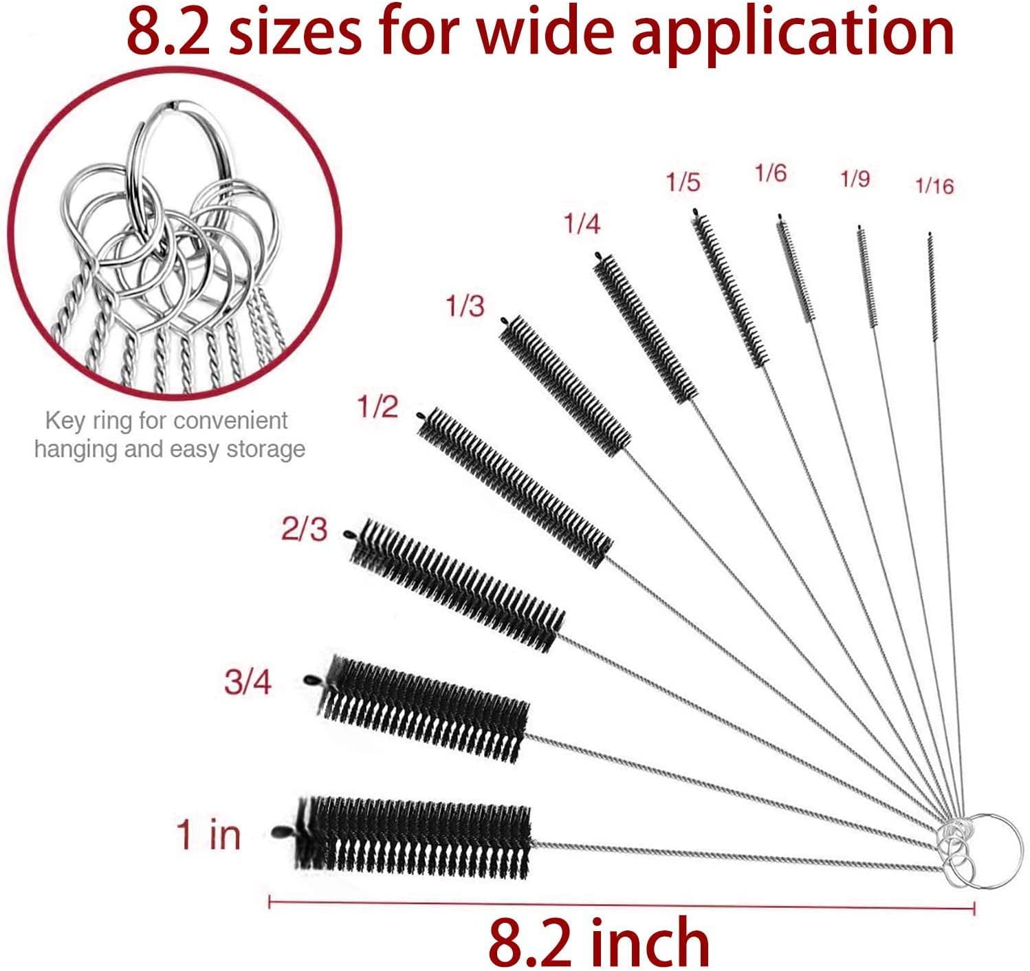Long straw brush, nylon pipe cleaning brush 8.2-inch 10 different diameter set 10 pieces
