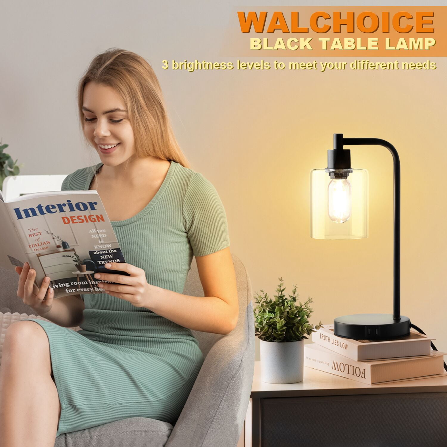 Walchoice Table Lamp Set of 2, Touch Control Desk Lamp with 2 USB Charging Ports, 3-Way Dimmable Nightstand Lamps with Glass Shade for Bedroom Living Room