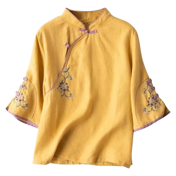 Camisa vintage de lino con cuello mao y bordados para mujer tallas grandes - Manga 3/4 holgada, material de poliéster, tallas M-XXXXL, prenda para primavera/verano