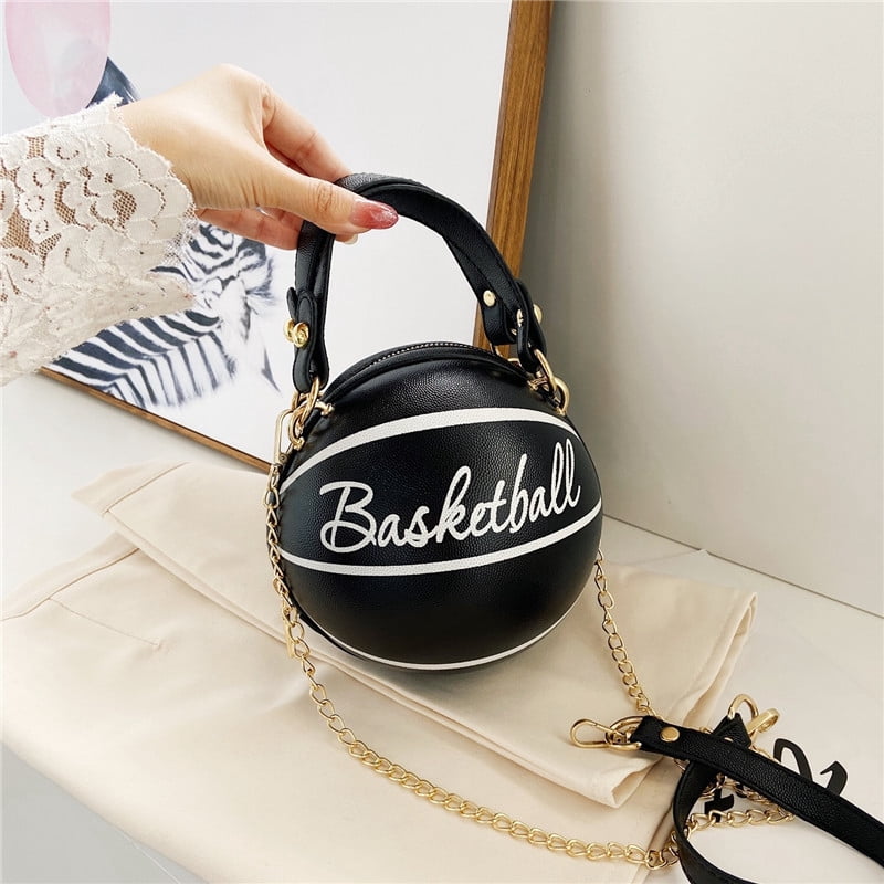 Novelty Sports Ball Shaped PU Crossbody Bag for Women, Personality Soccer & Basketball Design, Round Mini Bag, Zipper Closure, Chain Strap, Trendy Handbag for Casual Travel (6.3"x6.3"x6.7", 0.55lb)